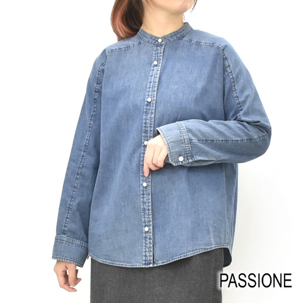 PASSIONE パシオーネ パールボタンデニムノーカラーシャツ 536970