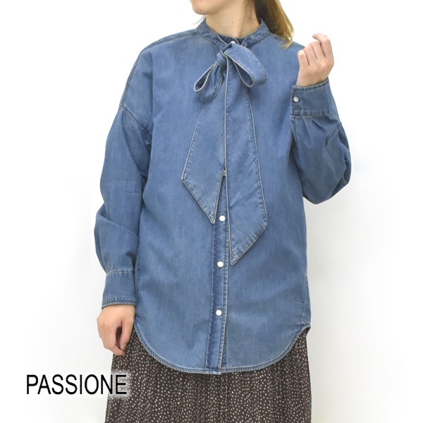 【美品】passione デニムボウタイブラウス パシオーネ デニムシャツ 再入荷】PASSIONE パシオーネ ボウタイ付きデニムシャツ 536912