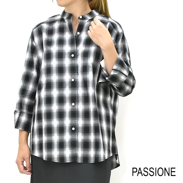 jessi　パールボタンスタンダードシャツ PASSIONE パシオーネ パールボタンチェックノーカラーシャツ 536970