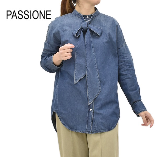 【美品】passione デニムボウタイブラウス パシオーネ デニムシャツ PASSIONE パシオーネ インディゴボウタイシャツ 616912 レディース