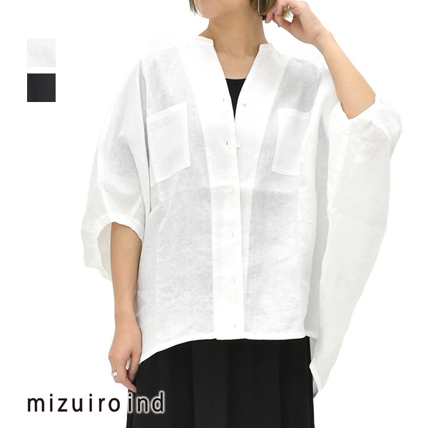 ミズイロインドリネンスタンドカラーコクーンシャツホワイトフリー麻