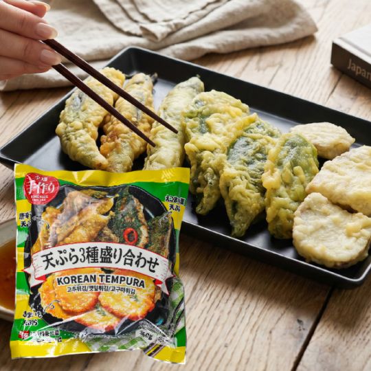[凍] テプン 天ぷら 3種盛り合わせ 360g / 唐辛子・えごまの葉・さつまいも