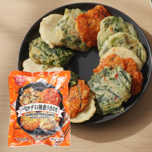 [凍] テプン 手作り 一口チヂミ 4種盛り合わせ 350g / ネギ・キムチ・ニラ・じゃがいも