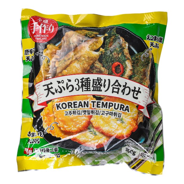 [凍] テプン 天ぷら 3種盛り合わせ 360g / 唐辛子・えごまの葉・さつまいも