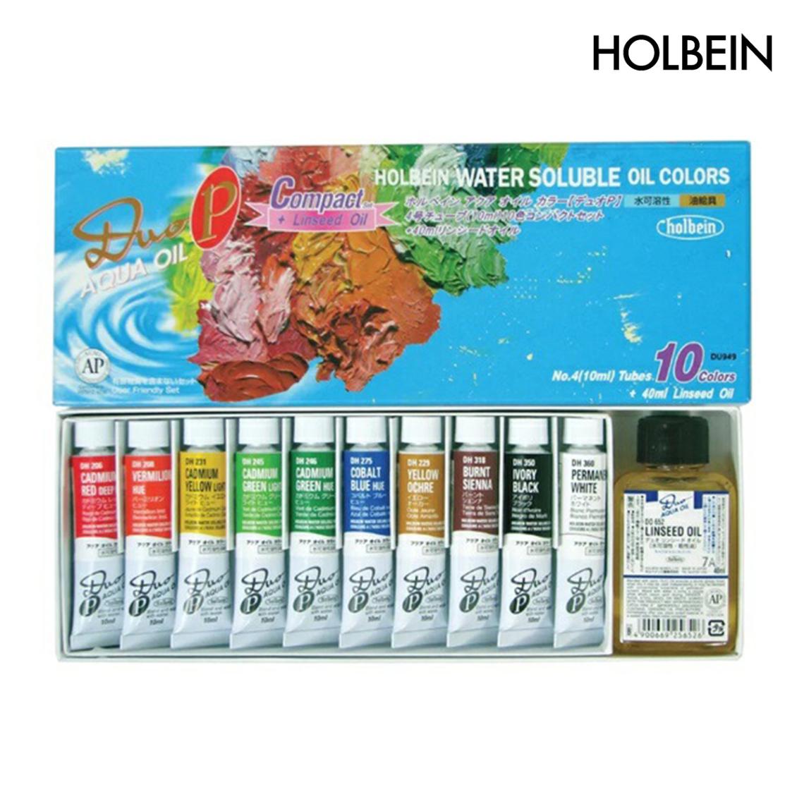 ホルベイン 水可溶性油絵具 デュオ-P コンパクト 10色［+リンシード オイル］セット DU949 (23949)