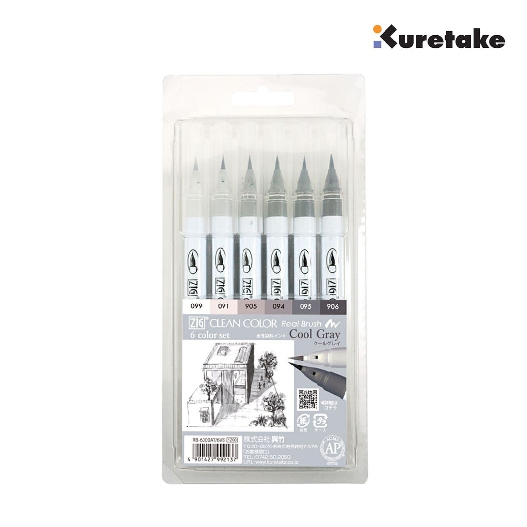 呉竹 ZIG クリーンカラーリアルブラッシュ 6色セット クールグレイ (RB-6000AT/6VB)