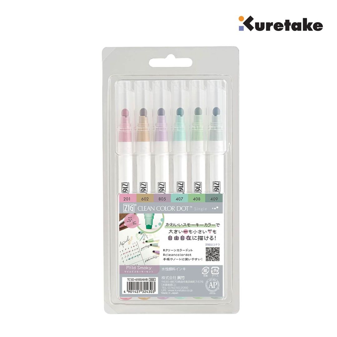 呉竹 ZIG クリーンカラードット シングル 6色セット マイルドスモーキーセット(TCSD-6100/6VB)