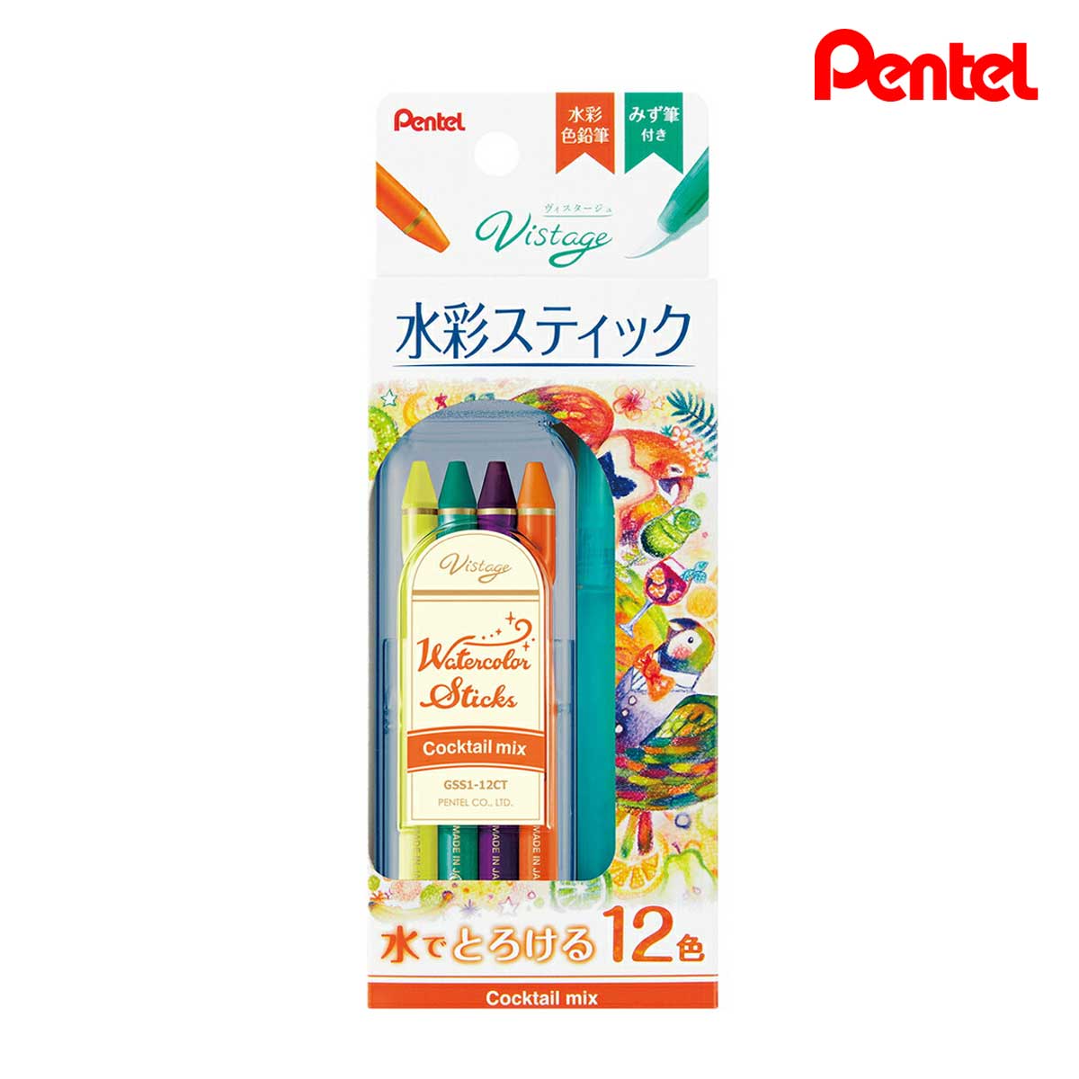 ぺんてる ヴィスタージュ 水彩スティック 12色セット カクテルドミックス (GSS1-12CT)