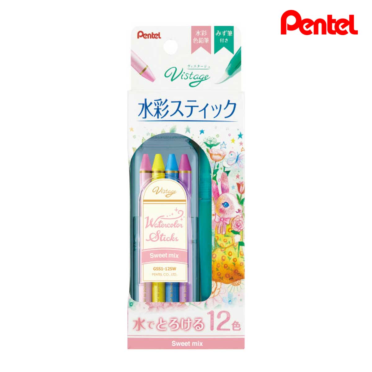 ぺんてる ヴィスタージュ 水彩スティック 12色セット スイートミックス (GSS1-12SW)