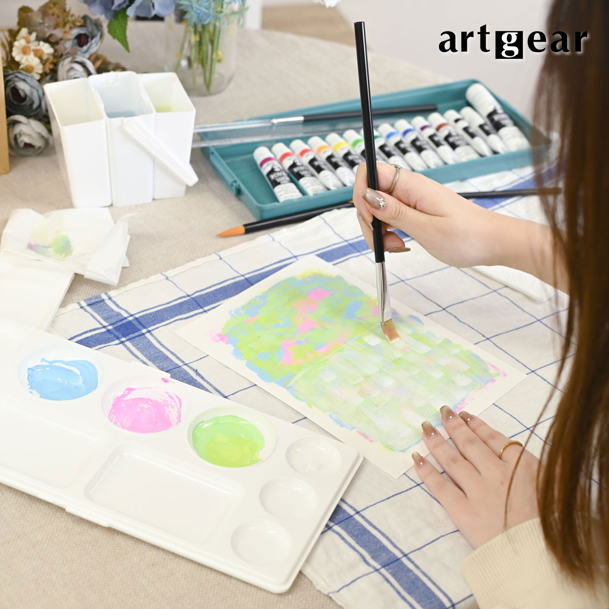 artgear アクリルガッシュ プライムセット 14B (12色基本色+ブライトマゼンタ+ホワイト20ml)筆3本･溝引棒･アクリル定規25cm･ふきん付