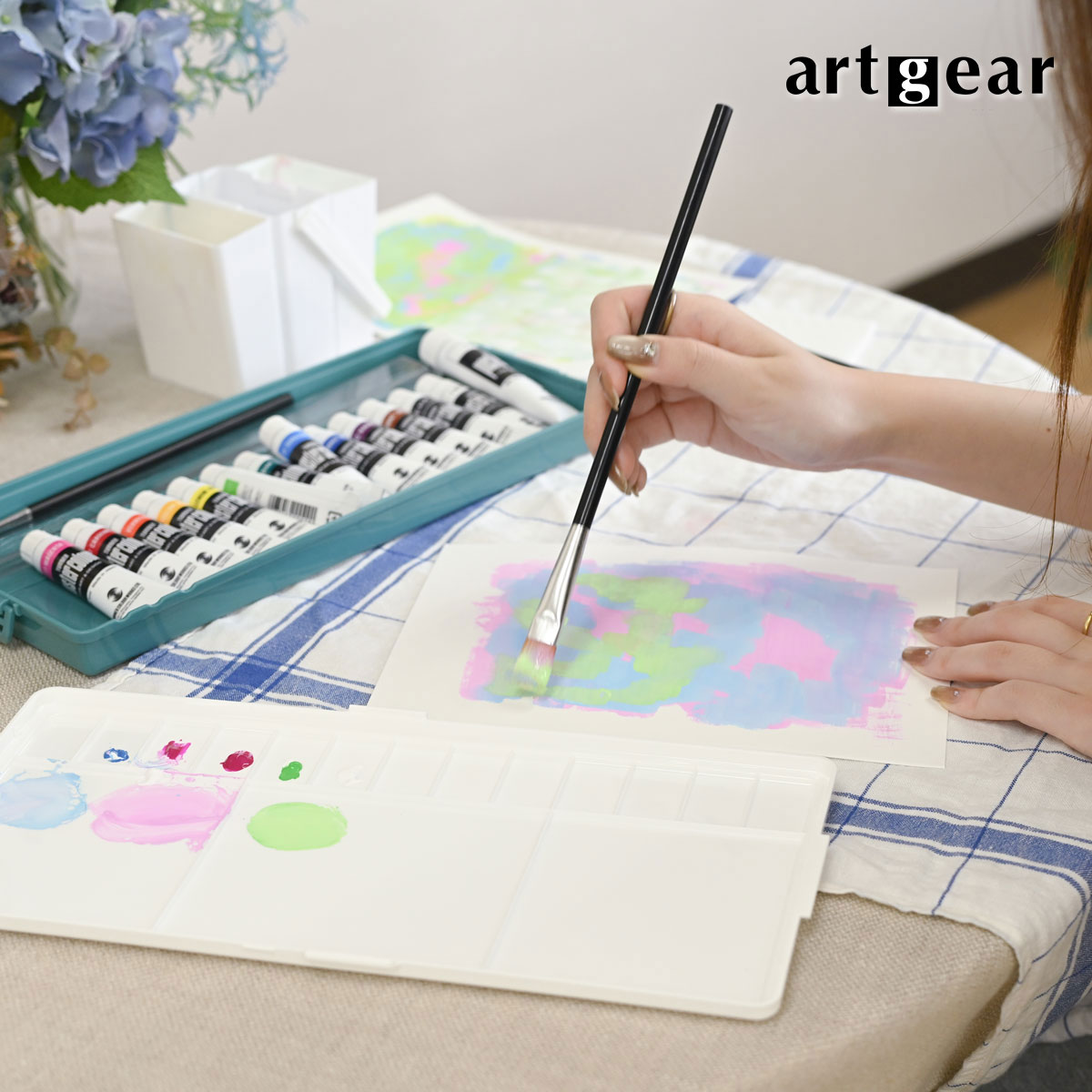 artgear ポスターカラー プライムセット 14B (12色基本色+ブライトマゼンタ+ホワイト20ml)筆3本･溝引棒･アクリル定規25cm･ふきん付