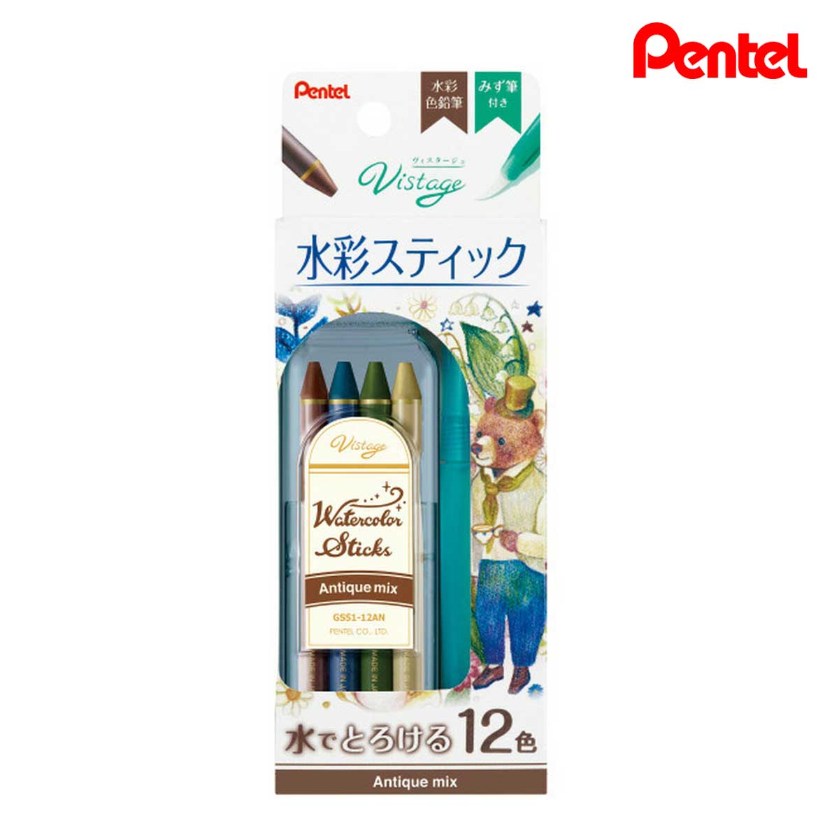 ぺんてる ヴィスタージュ 水彩スティック 12色セット アンティークミックス (GSS1-12AN)