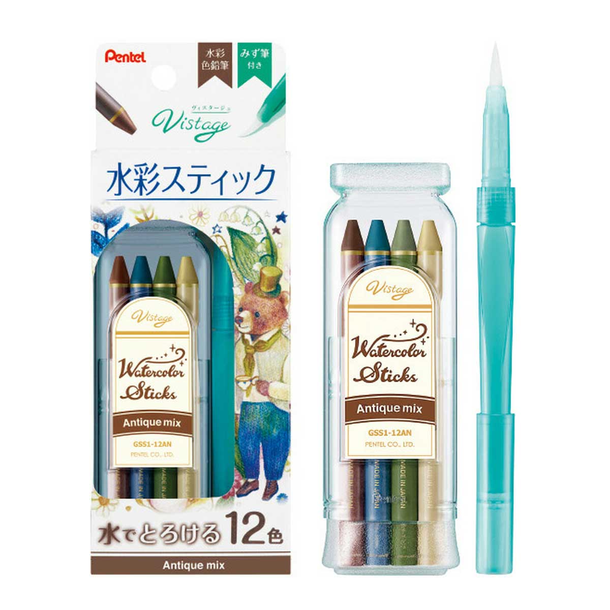 ぺんてる ヴィスタージュ 水彩スティック 12色セット アンティークミックス (GSS1-12AN)