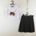 セーラー服 チェックスカート スカーフ 上下3点セット LL 大きいサイズ 夏物 白2本線 女子 学生服 大阪港南中学 白 中古 ランクB NA3364