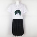 セーラー服 チェックスカート スカーフ 上下3点セット LL 大きいサイズ 夏物 白2本線 女子 大阪港南中学 白 中古 ランクC NA3393