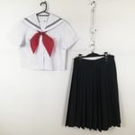セーラー服 スカート スカーフ 上下3点セット 夏物 青3本線 女子 学生服 宮崎高鍋東中学 白 制服 中古 ランクC NA3483