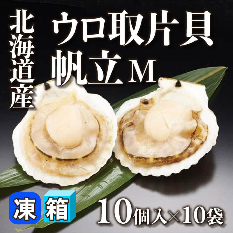 ［箱売］北海道産 ウロ取片貝 帆立 M 100個（10個入×10袋）〈冷凍〉