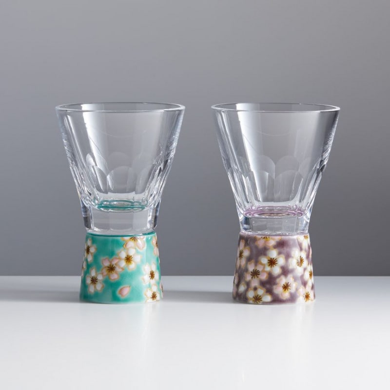 ペア万華鏡ショットグラス（十面切子）さくら詰ヒワ・パープル