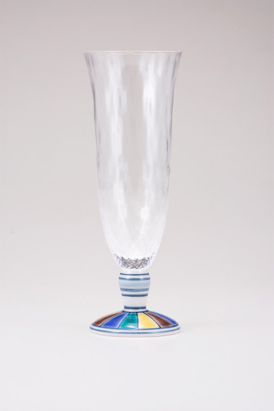 麦酒グラス（格子）色絵十草文ブルー