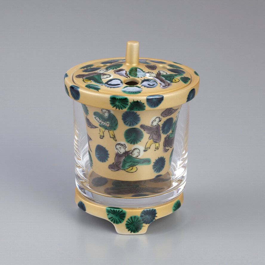 九谷ガラス香炉　金彩木米