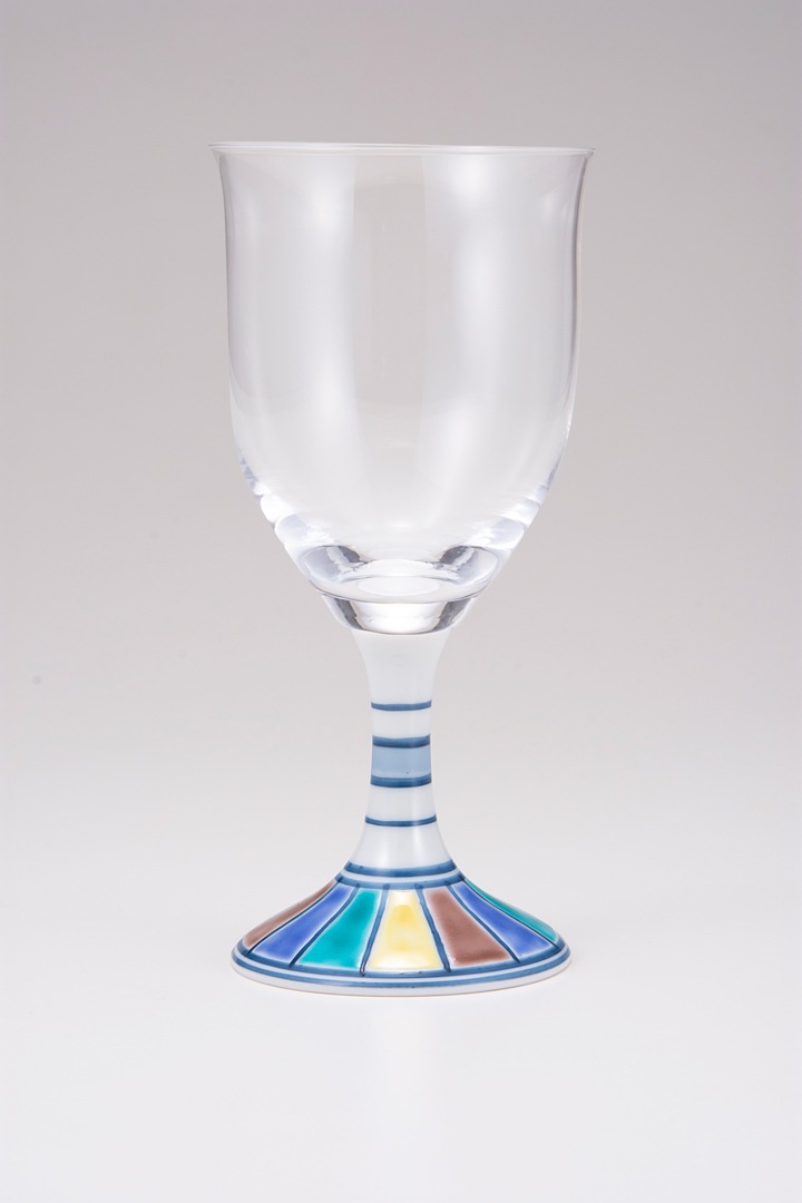 ワイングラス大（無地）色絵十草文ブルー