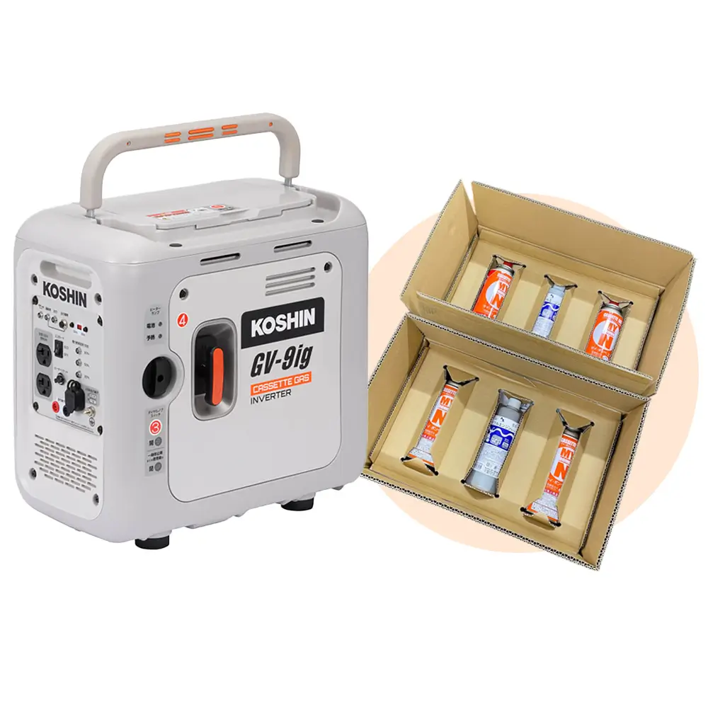KOSHIN（工進）カセットガス式インバーター発電機 GV-9ig｜インジケーター搭載／国土交通省超低騒音型建設機械指定