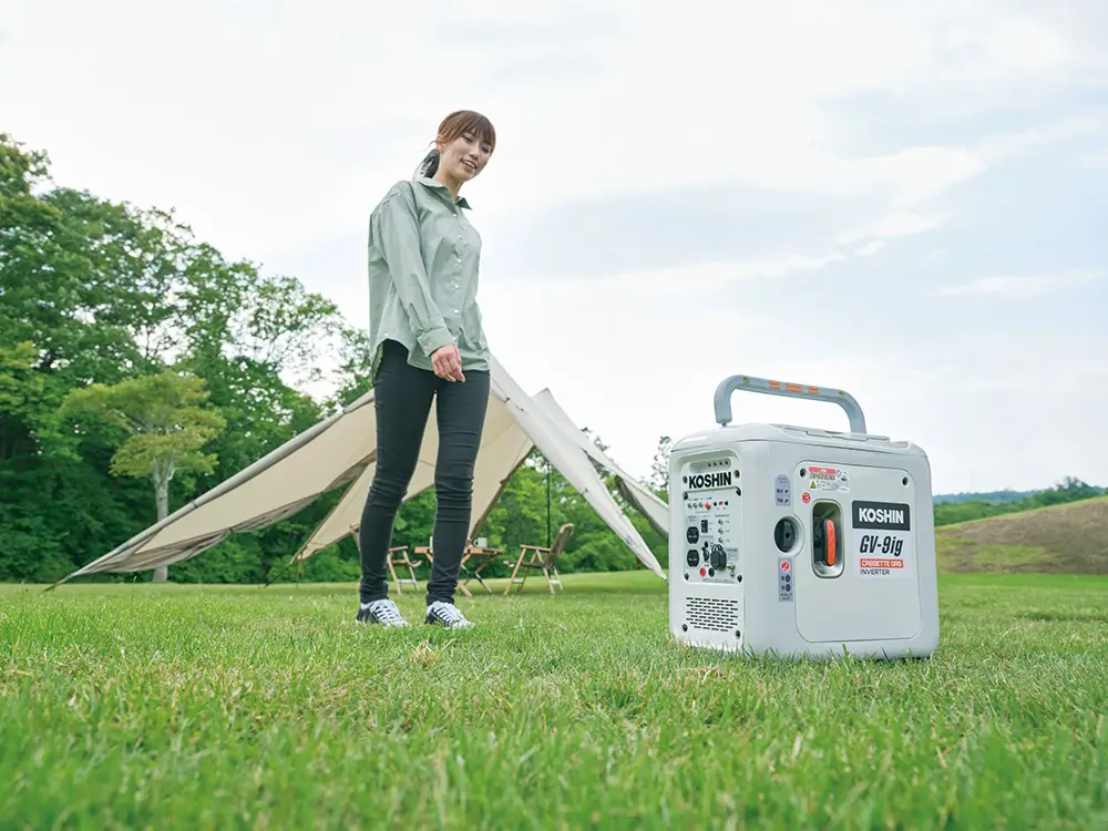 KOSHIN（工進）発電×蓄電セット－カセットガス式インバーター発電機 GV-9ig／ポータブル電源 BPS-6L｜インジケーター搭載／国土交通省超低騒音型建設機械指定／リン酸鉄リチウムイオンバッテリー搭載（充放電サイクル約4000回）コンセント挿しっぱなしパススルー充電完全対応／停電時の自動直接給電EPS機能搭載