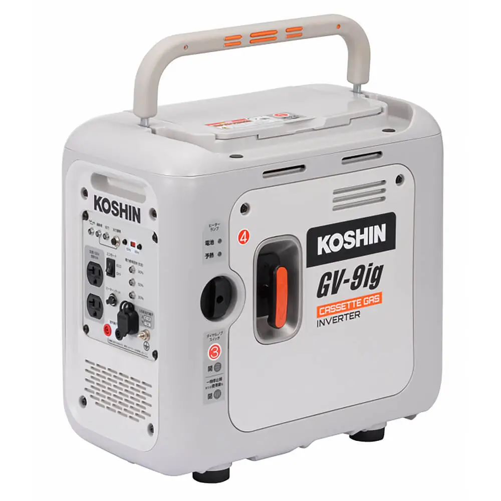 KOSHIN（工進）発電×蓄電セット－カセットガス式インバーター発電機 GV-9ig／ポータブル電源 BPS-6L｜インジケーター搭載／国土交通省超低騒音型建設機械指定／リン酸鉄リチウムイオンバッテリー搭載（充放電サイクル約4000回）コンセント挿しっぱなしパススルー充電完全対応／停電時の自動直接給電EPS機能搭載