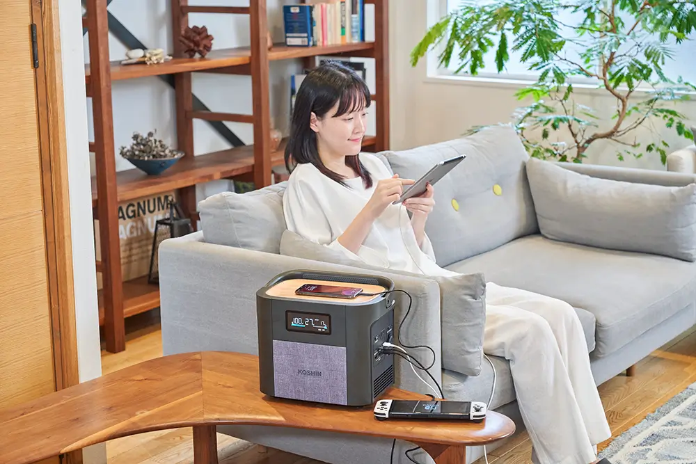 KOSHIN（工進）発電×蓄電セット－カセットガス式インバーター発電機 GV-9ig／ポータブル電源 BPS-6L｜インジケーター搭載／国土交通省超低騒音型建設機械指定／リン酸鉄リチウムイオンバッテリー搭載（充放電サイクル約4000回）コンセント挿しっぱなしパススルー充電完全対応／停電時の自動直接給電EPS機能搭載