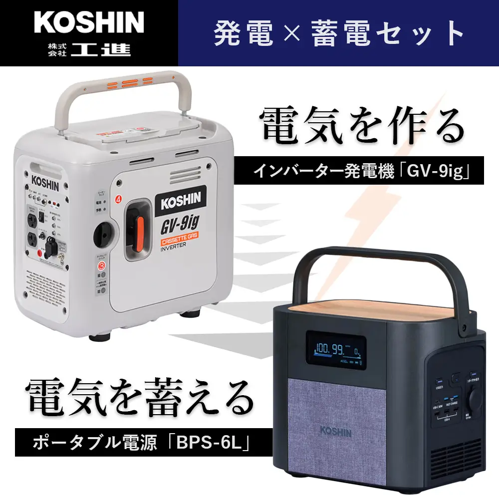 KOSHIN（工進）発電×蓄電セット－カセットガス式インバーター発電機 GV-9ig／ポータブル電源 BPS-6L｜インジケーター搭載／国土交通省超低騒音型建設機械指定／リン酸鉄リチウムイオンバッテリー搭載（充放電サイクル約4000回）コンセント挿しっぱなしパススルー充電完全対応／停電時の自動直接給電EPS機能搭載