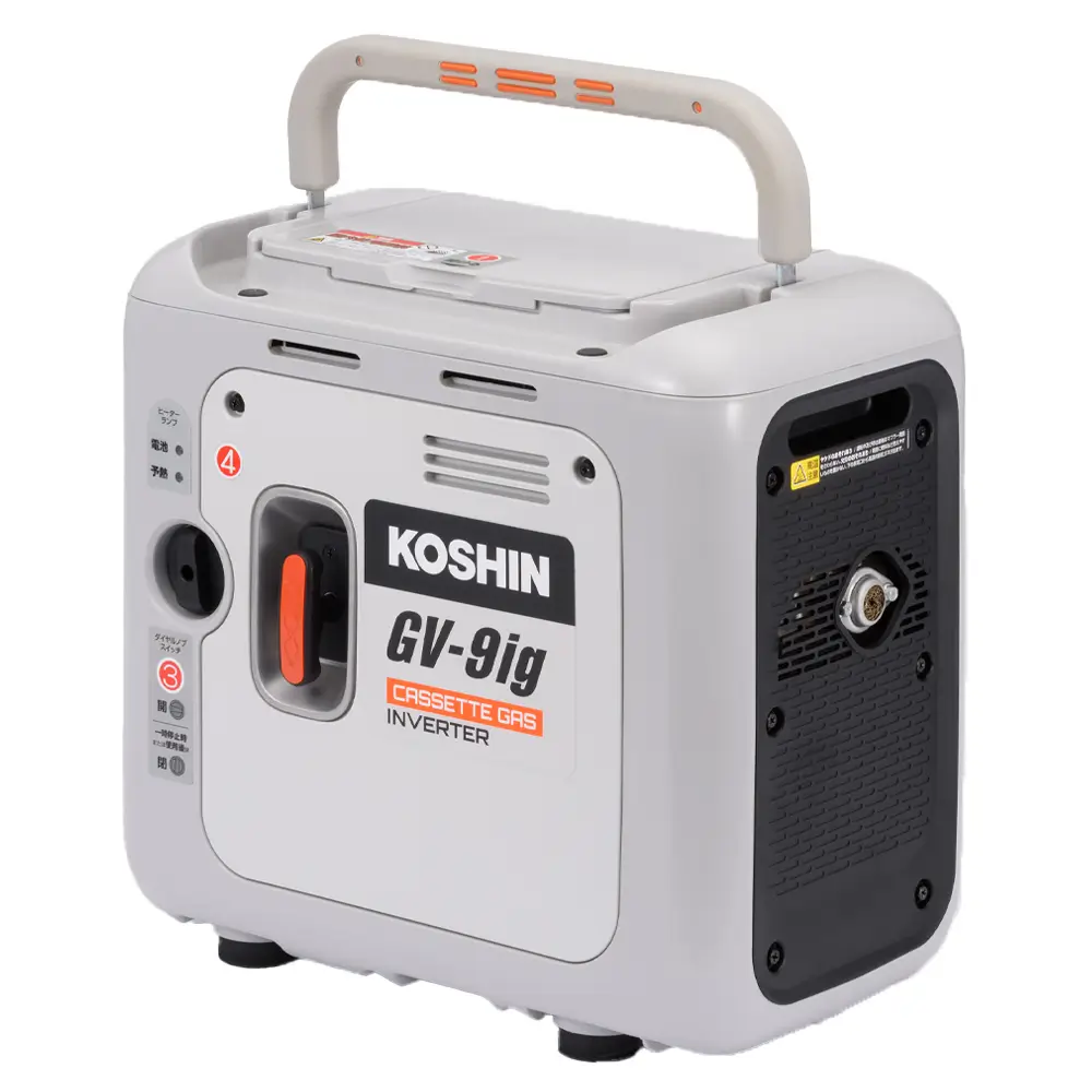 KOSHIN（工進）発電×蓄電セット－カセットガス式インバーター発電機 GV-9ig／ポータブル電源 BPS-6L｜インジケーター搭載／国土交通省超低騒音型建設機械指定／リン酸鉄リチウムイオンバッテリー搭載（充放電サイクル約4000回）コンセント挿しっぱなしパススルー充電完全対応／停電時の自動直接給電EPS機能搭載