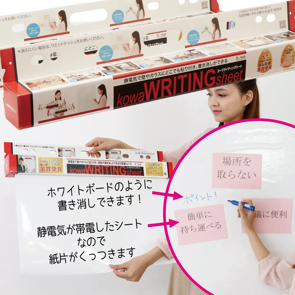 災害時・緊急時の災害対策本部の必需品｜静電気で壁・木・ガラスに貼りつき、自由に書き消しできるホワイトボードになる画期的シート《コーワライティングシート》 全3種