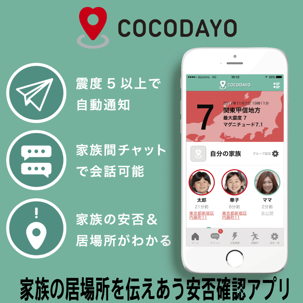 防災アプリ「ココダヨ」｜災害の時だけ、家族の居場所を伝えあうスマホ用の安否確認アプリです（※DLアプリ商品のため「買い物カゴ」は利用できません）