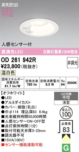 �����ǥ�å� OD261737R LED���η�������饤����Ǯ��100�׷����� �ʹ����󥵡���  ���ο����եۥ磻�ȡ������100�� ����5000K�����Ĵ����