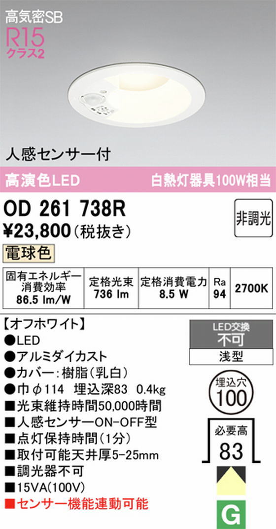 �����ǥ�å� OD261738R LED���η�������饤����Ǯ��100�׷����� �ʹ����󥵡���  ���ο��֥�å��������100�� ���� 5000K�����Ĵ����