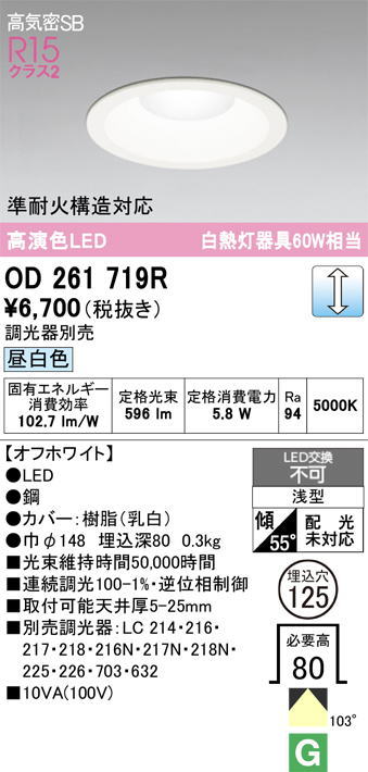 �����ǥ�å�  LED���η�������饤��OD261719R ��Ǯ��60�׷����� ���ο����եۥ磻�ȡ������125�� ���� 5000K���Ĵ�������ס�