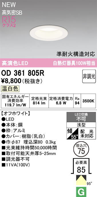 �����ǥ�å� OD361805R LED���η�������饤����Ǯ��100�׷����� ���ο����եۥ磻�ȡ������75�� ����3500K�����Ĵ����