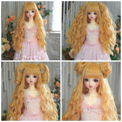 U-4081【QH】1/3MSD,SD/DD(頭囲17~23cm)用 ウェーブウィッグ１個+パーツ3ペアーの４点セット