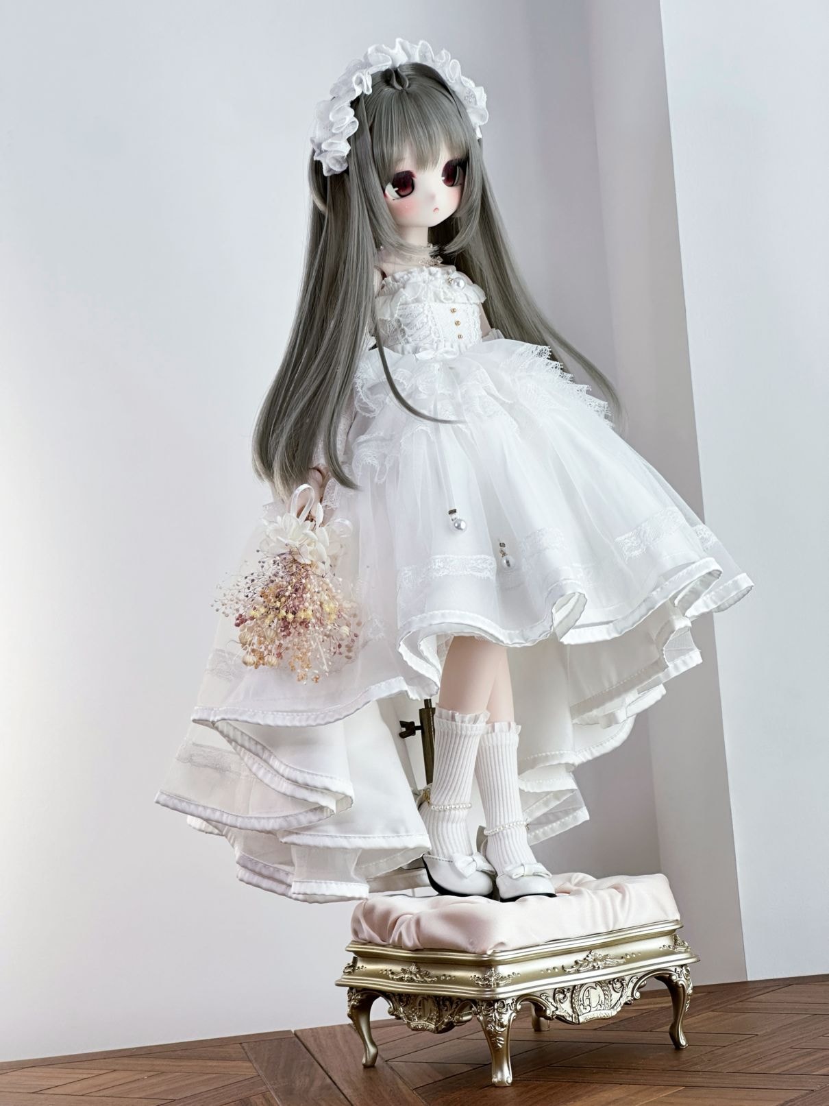 【予約販売】5月20日まで！★1/4MDD, MSDなどドール用ロマンティック ゴシック風 ドレスセット(白色)