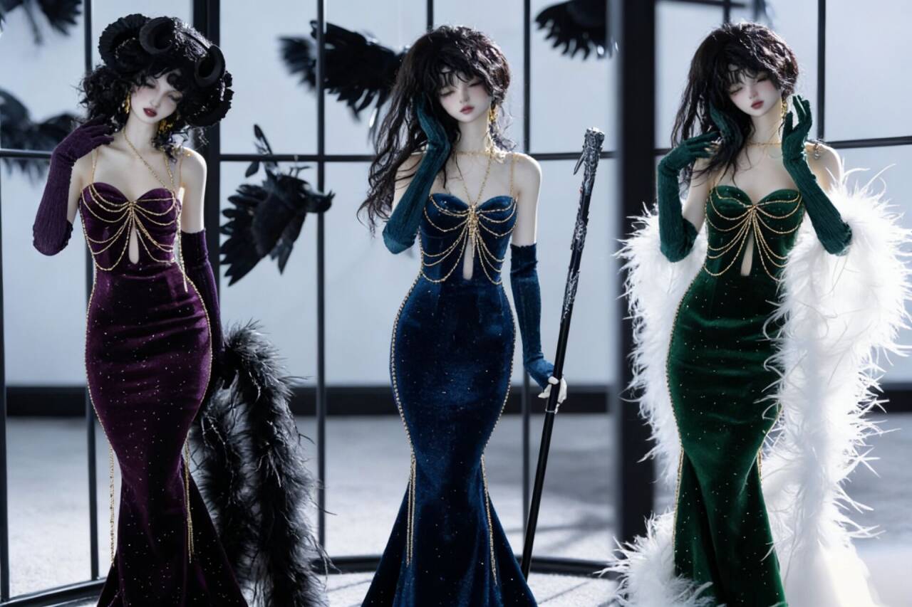 【予約販売】4月22日まで！★1/4,1/3 MDD, MSD～60cm以上などドール用ゴージャス ベルベット マーメイドライン ドレスセット