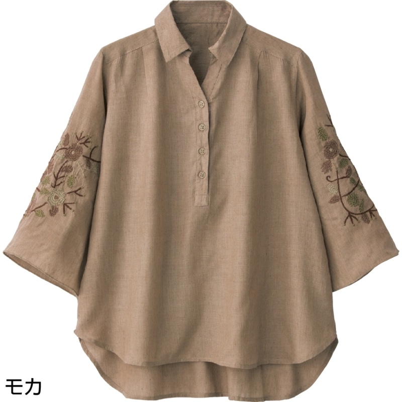 7分袖クラフト刺繍半開ブラウス