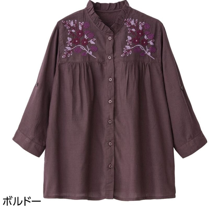 7分袖クラフト刺繍前開きブラウス