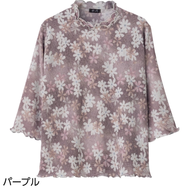 7分袖楊柳プリントＴシャツ