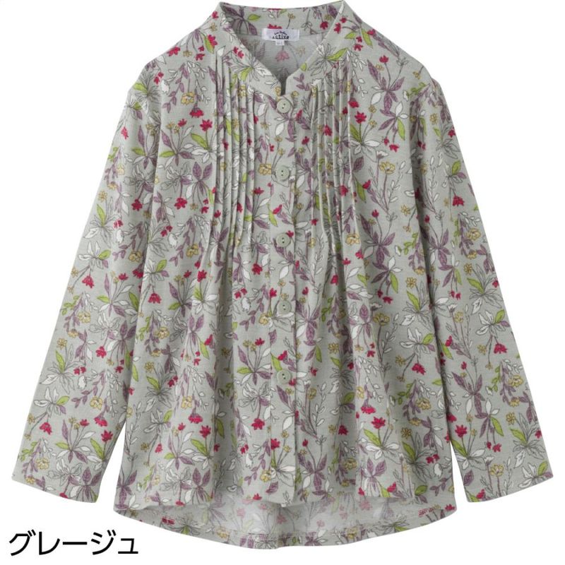 斜め釦ホールピンタックブラウス