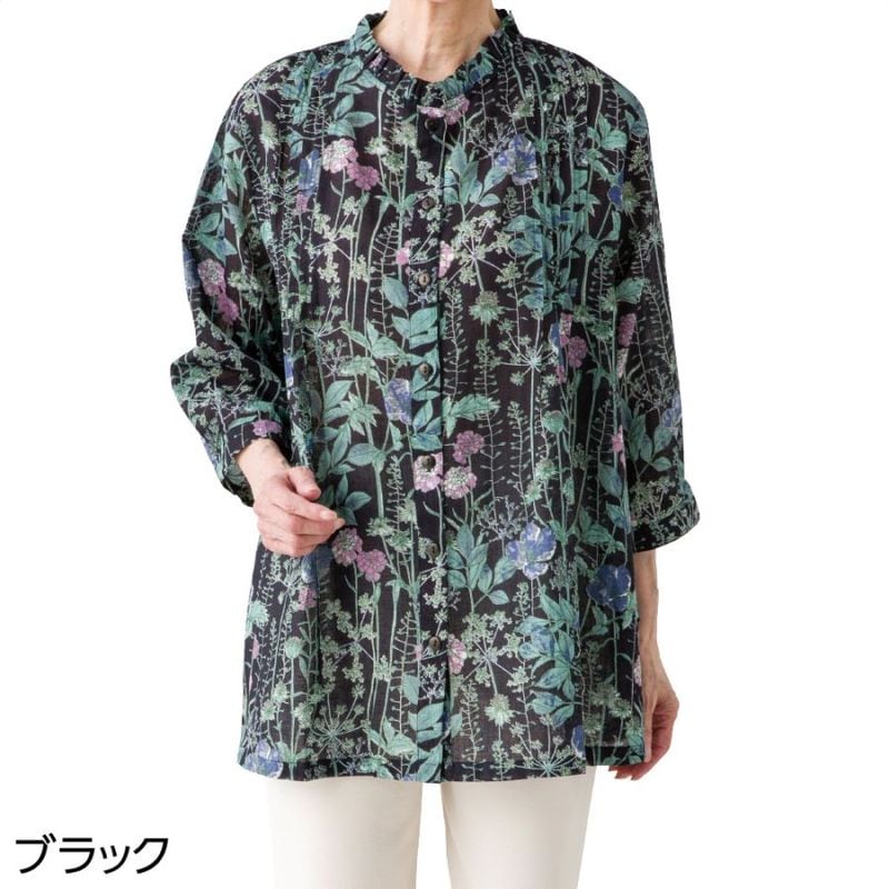 綿麻花柄前開きブラウス