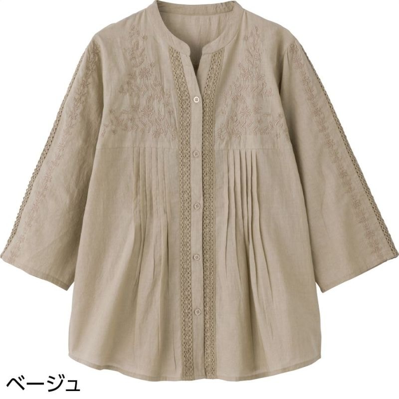 7分袖刺繍前開きブラウス