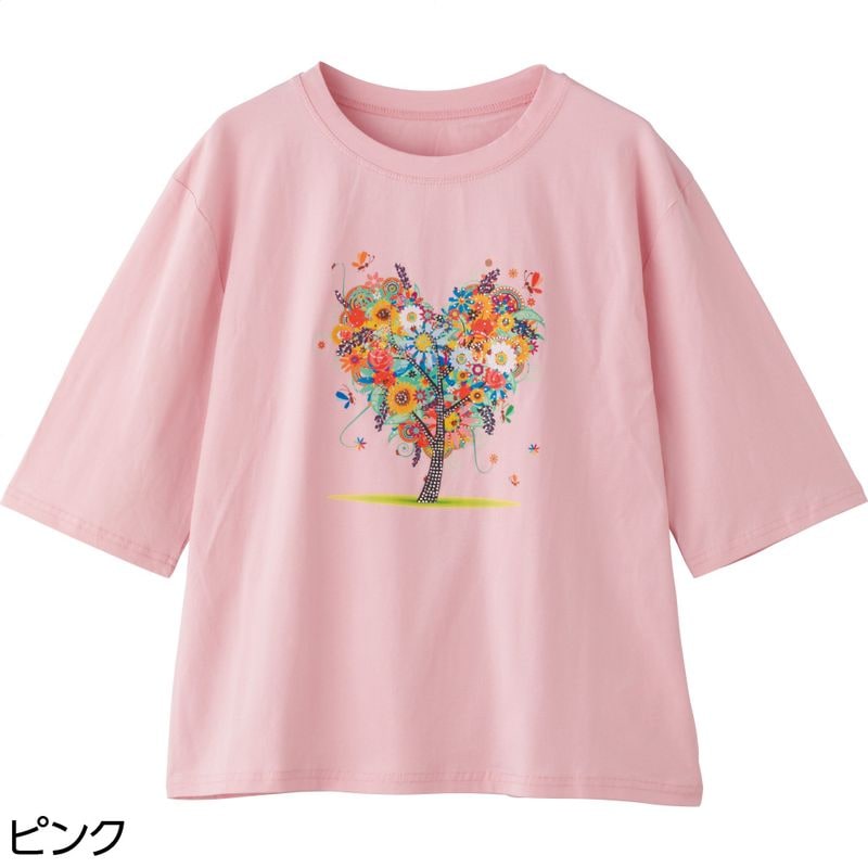 7分袖綿混ラインストーンＴシャツ