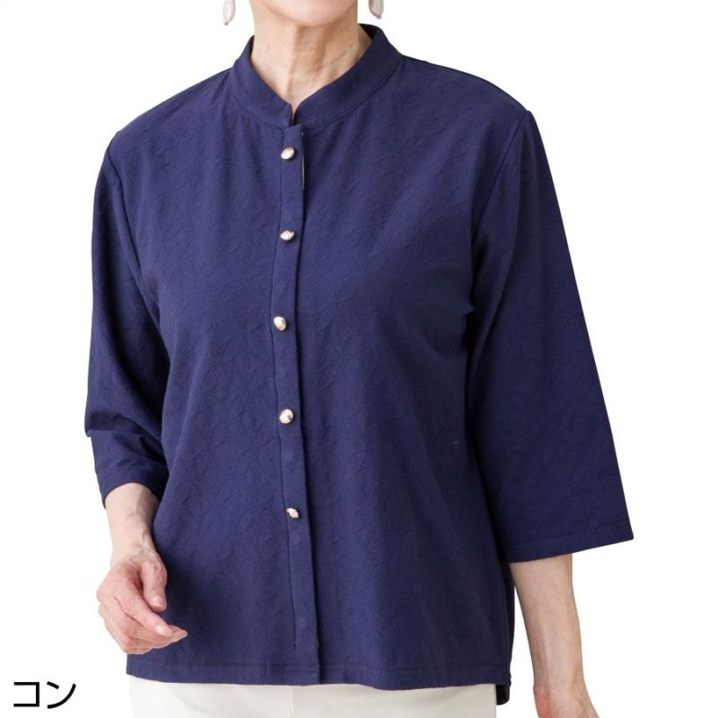 7分袖飾り釦つきスナップ釦ブラウス