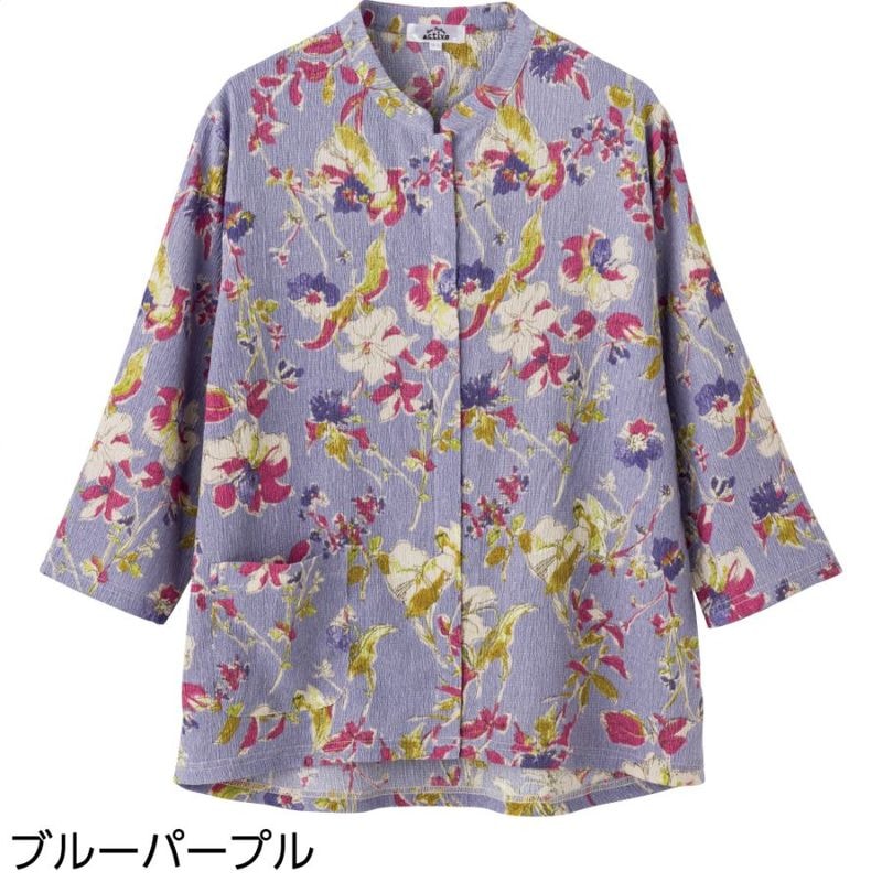 7分袖スナップ釦前開きＴシャツ