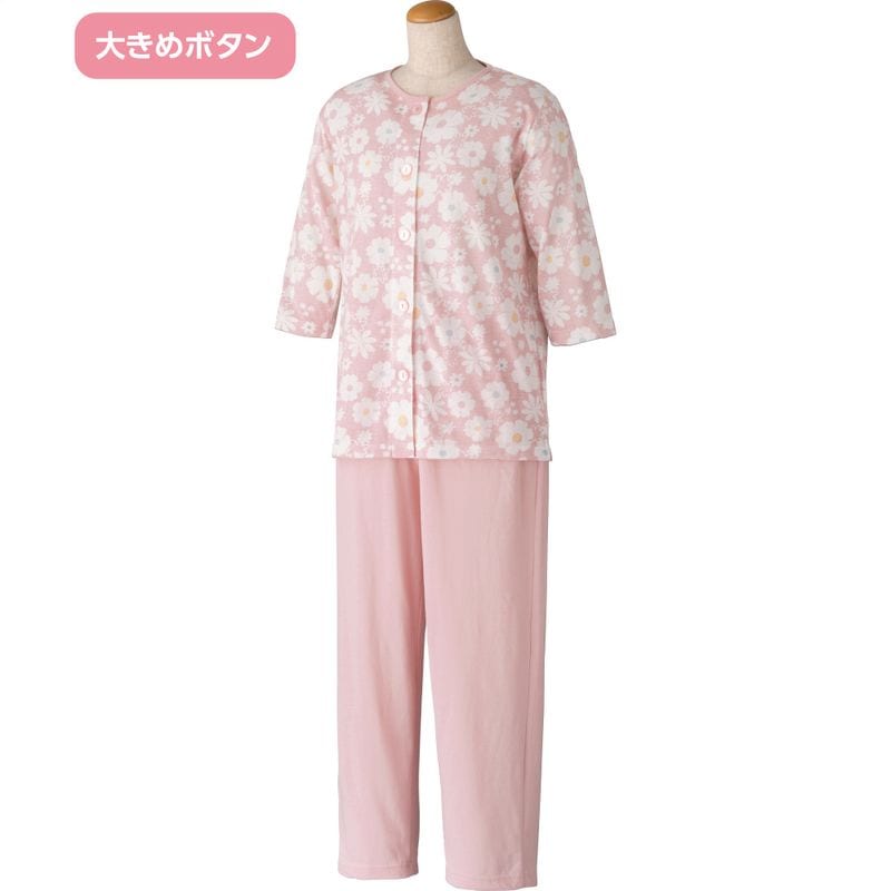 大きめボタン天竺七分袖パジャマ